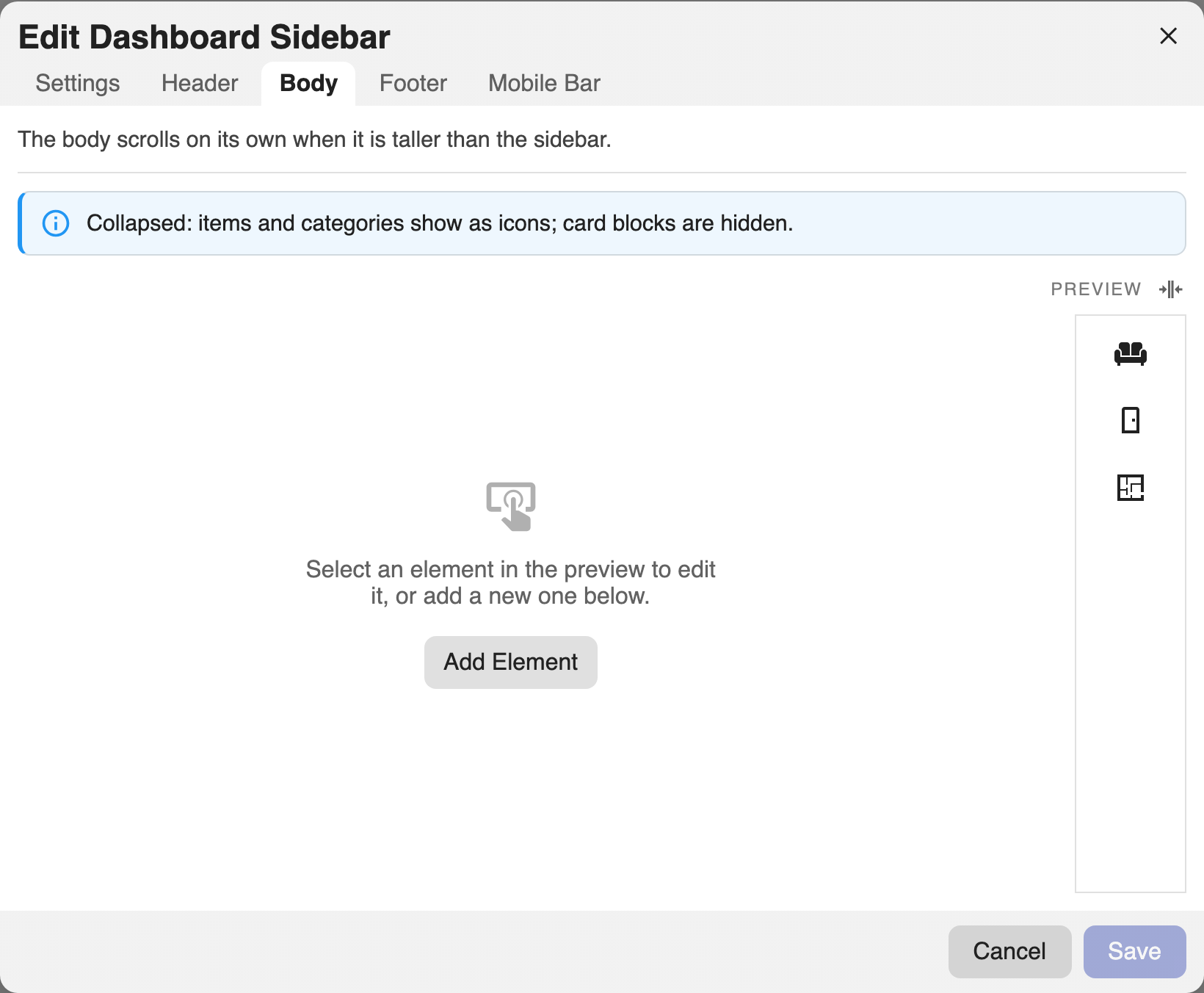 The editor previewing the sidebar in its collapsed icon-strip state.