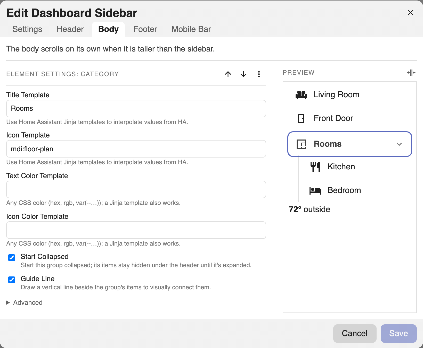 The Body tab with a category selected, its child items shown in the preview.
