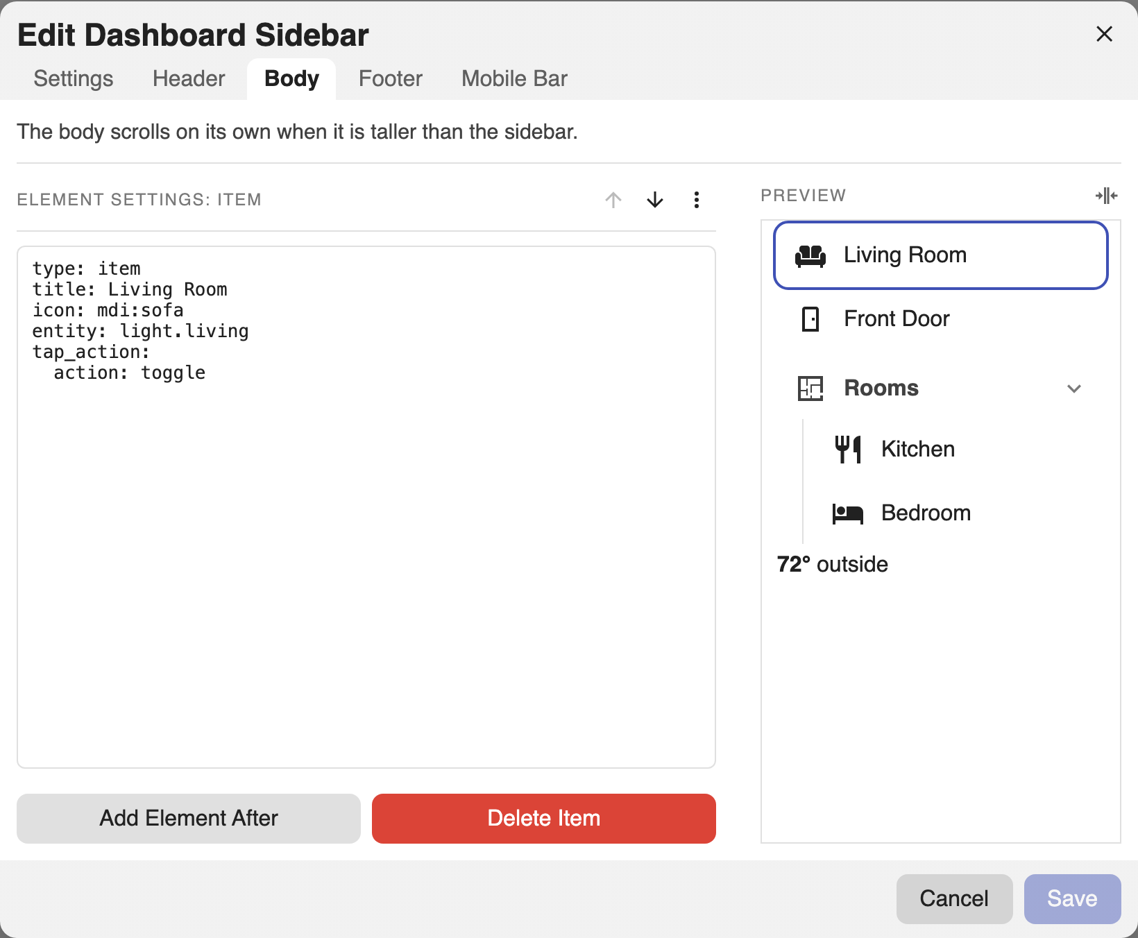 An element being edited as YAML inside the visual editor, the form replaced by a YAML box.