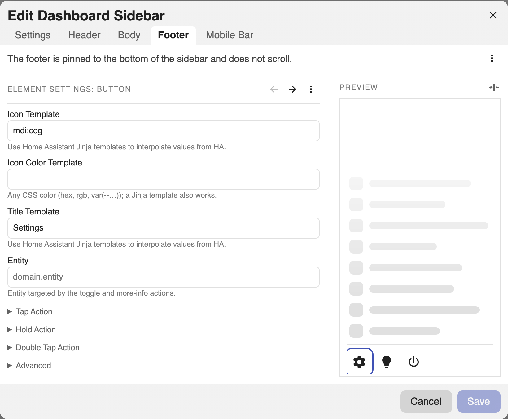 The Footer tab with a footer button selected, its icon and action fields on the left.