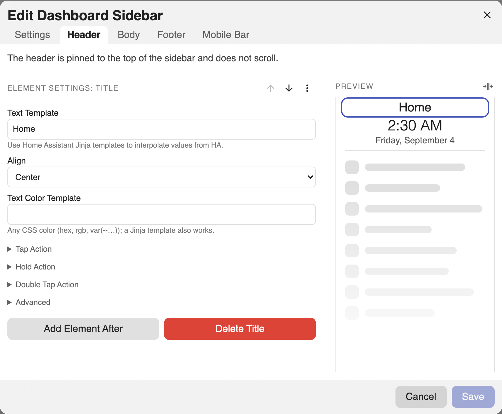 The Header tab with a title element selected, its fields on the left and the header preview on the right.