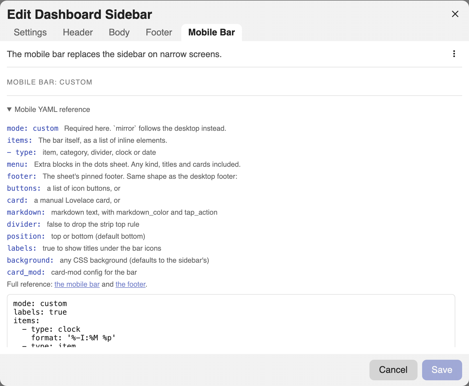 The Mobile Bar tab in custom mode, the Mobile YAML reference expanded above the YAML editor.