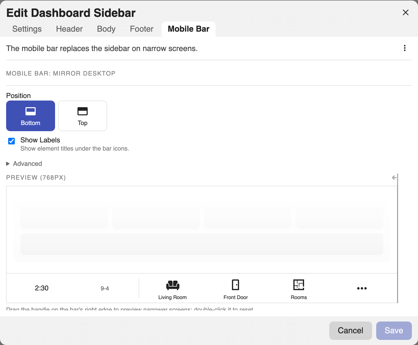 The Mobile Bar tab in mirror mode: position and label options on the left, a live bar preview at phone width below.
