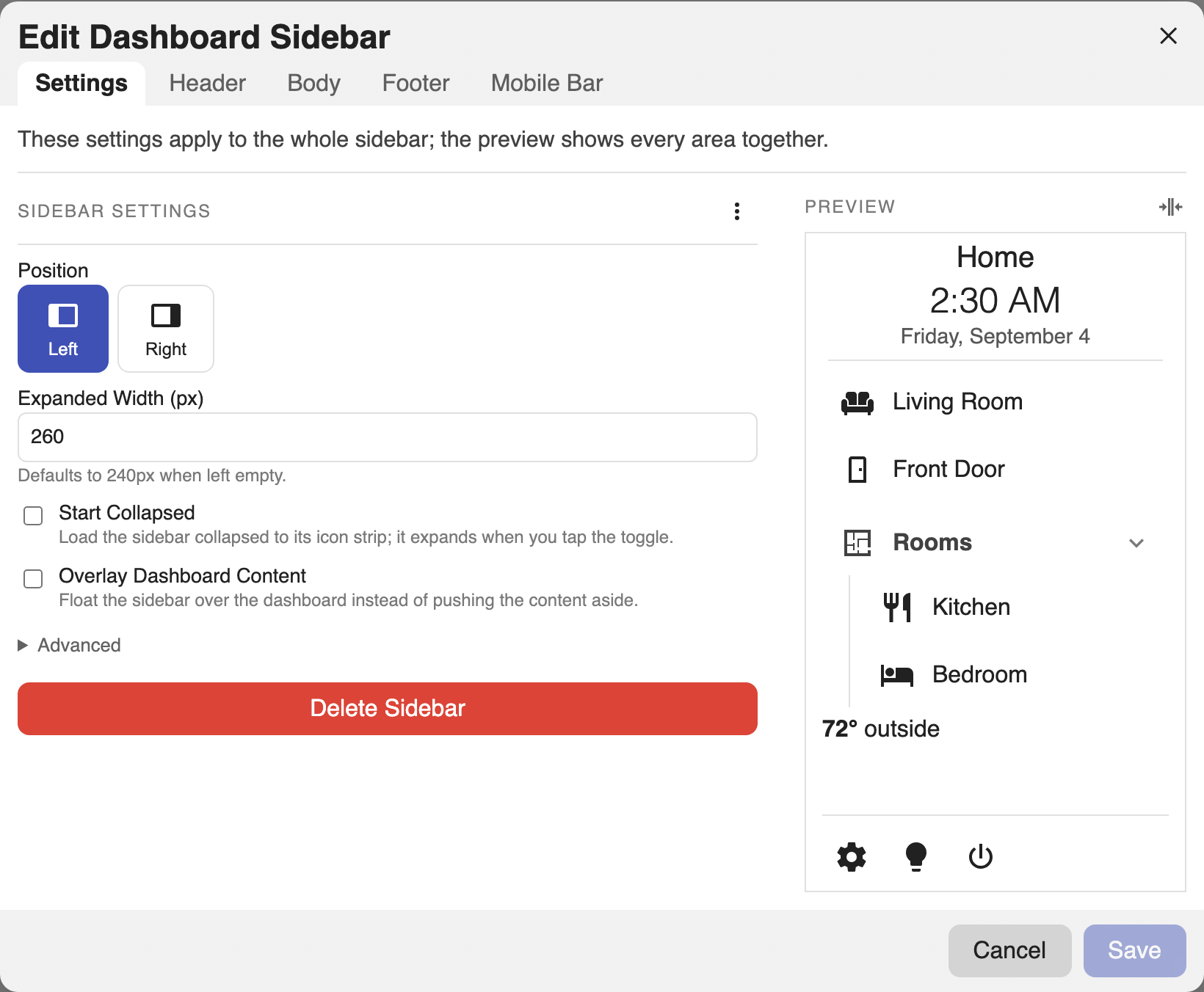 The Settings tab, with sidebar-wide fields on the left and a live preview of the whole sidebar on the right.