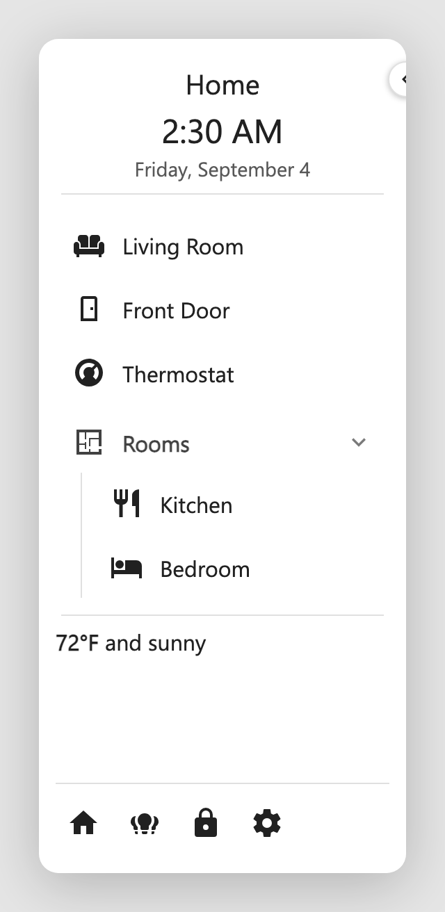 A sidebar with a title, clock, date, navigation items, a Rooms group, and a footer button row.